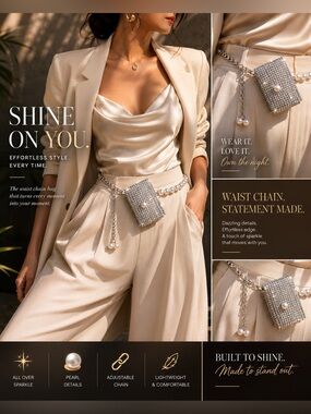 Pearl-Embellished Silver Waist Chain Belt